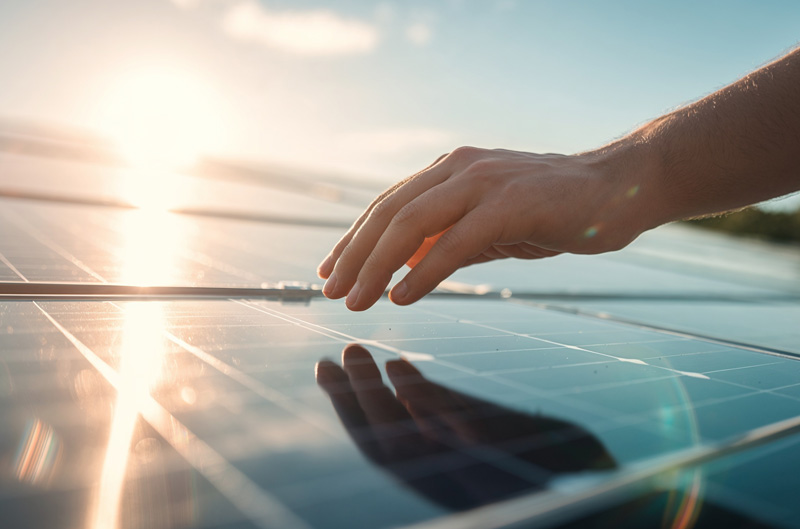 Eine Hand, berührt ein Photovoltaikmodul  einer PVT-Wärmepumpe