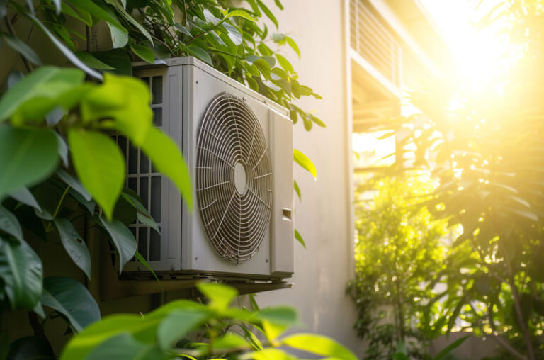 Wärmepumpen-Außengerät an einer Hauswand mit Sonnenstrahl im Hintergrund